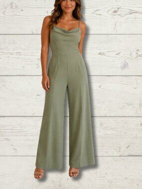 Cider Sage Green Wide-Leg Jumpsuit – Size Small – Elegant Cowl Neck